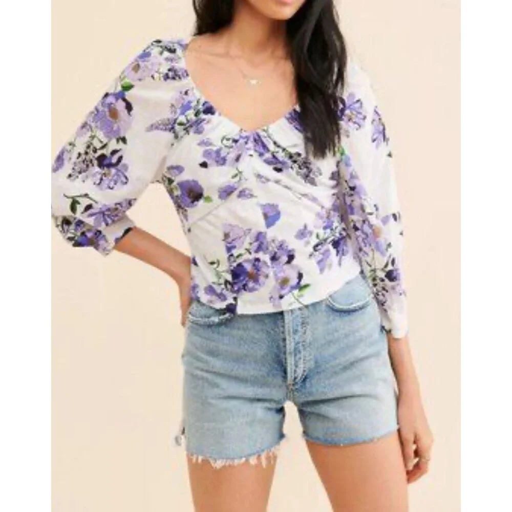 Anthropologie Purple White Floral Ruched Balloon Sleeve Top Cotton Knit Boho M